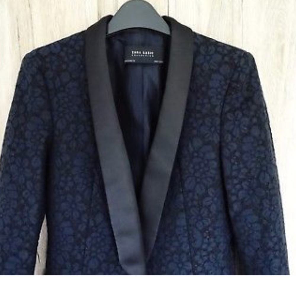 NWT Zara Navy Blue Lace Black Trim Tuxedo Jacket - Picture 6 of 8